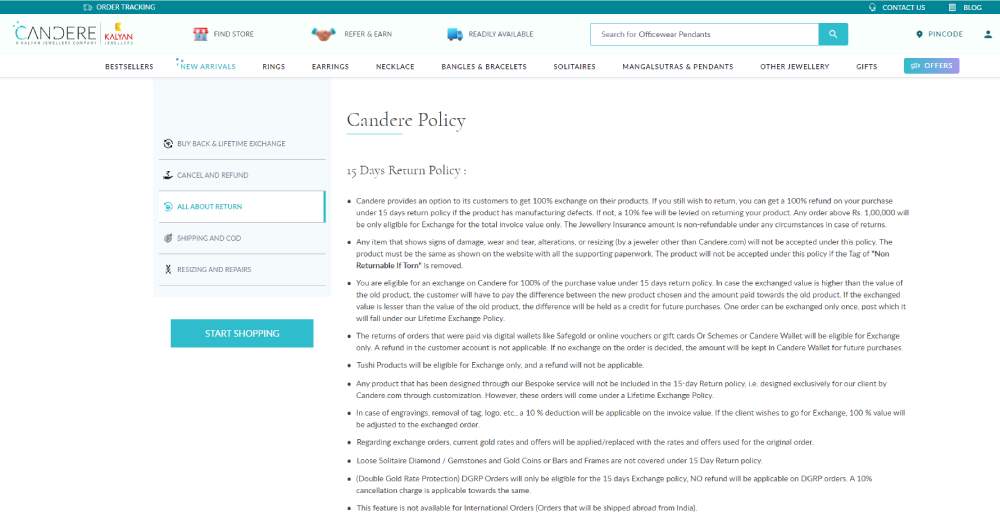 Candere returns policy